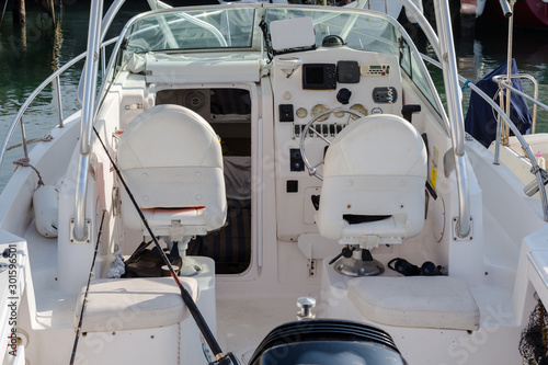 Interior of motor boat with driving place
