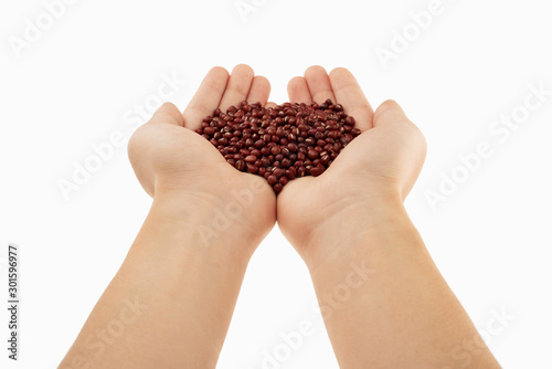red beans in hands with white background