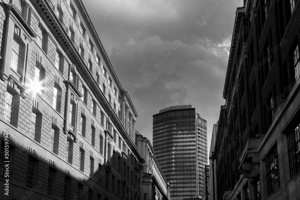 black and white buildings in london