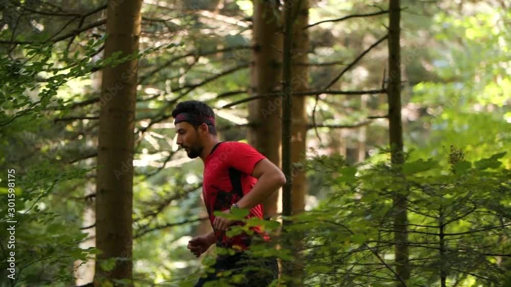 Trail Running Man In Forest. Endurance Workout Training. Sport Concept. Trail Running Man In Forest. Endurance Workout Training. Sport Concept.