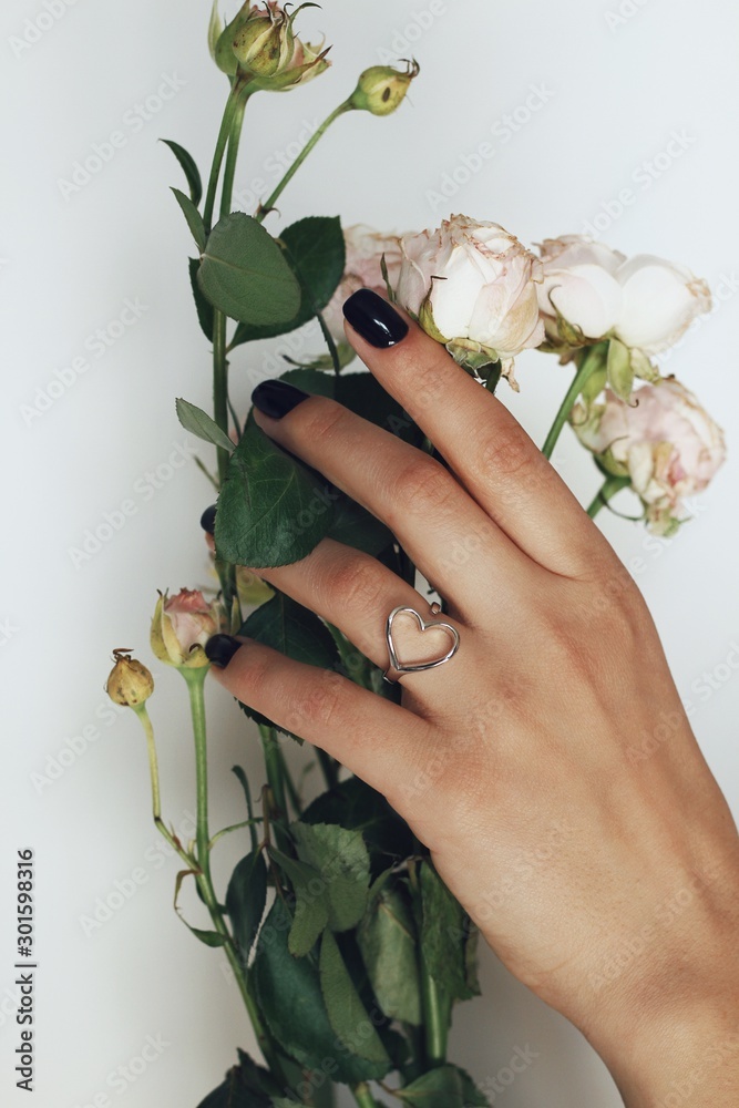 Tender jewerly on female hand, close up shot
