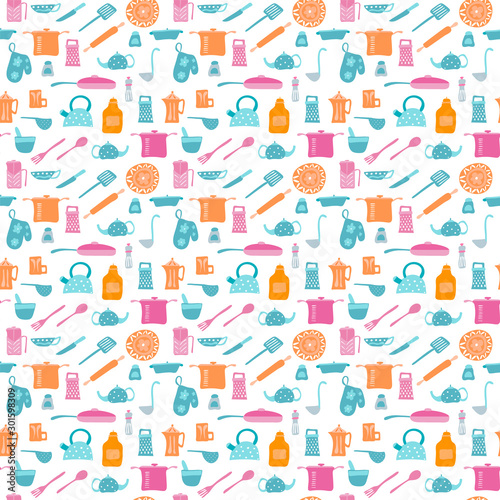 Vector Seamless pattern with kitchen items in retro style.