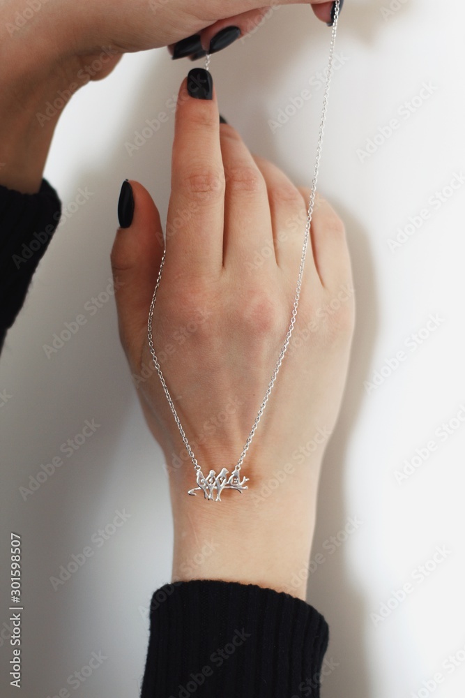 Tender jewerly for female neck, close up shot