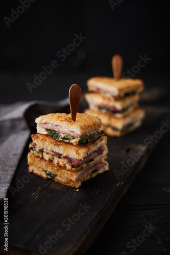 Baked spinach and ham sandwich with sauce. photo
