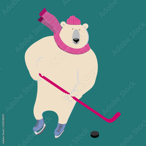 Polar bear plays to ice hockey. Charming sporty and strong animal skates, wears scarf and cap, with  hockey stick in his hands.  Vector illustration with character in flat style. Can be used as mascot