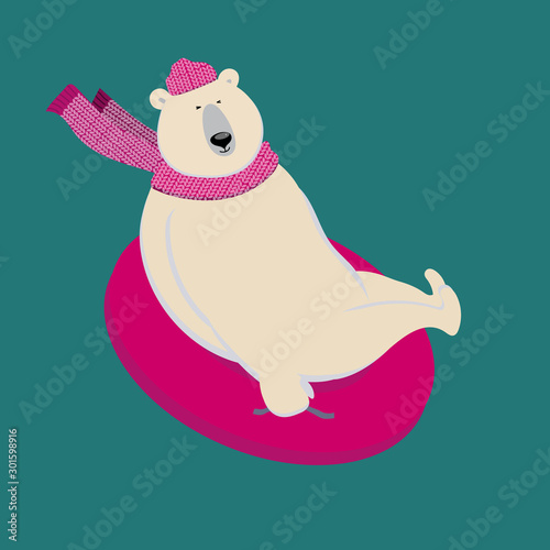 Polar bear is sliding down a slope on snow tube. Charming sporty and strong animal wears scarf and cap has fun. Vector illustration with character in flat style. Can be used as mascot  