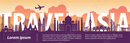 Asia top famous landmark silhouette style,text within,travel and tourism,vector illustration,flag color design