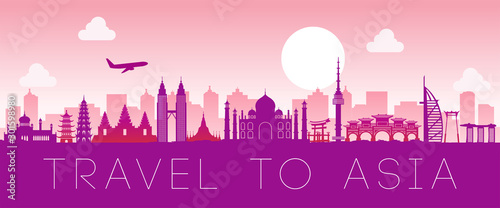 famous landmark of Asia,silhouette design pink color,vector illustration