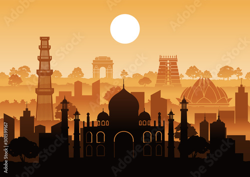 India famous landmark silhouette style with row design on sunset time,vector illustration