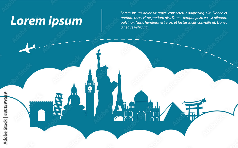world  top famous landmark silhouette style around with cloud,trip and tourism,vector illustration