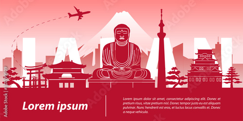 Photography Japan top famous landmark silhouette style,Japan text within,trip and tourism