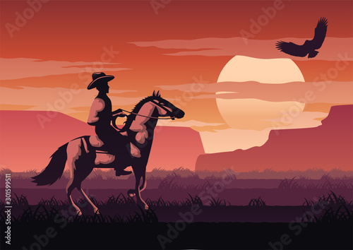 silhouette and monochrome scenery cowboy in Savannah field go back home on sunset time,red color style,vector illustration