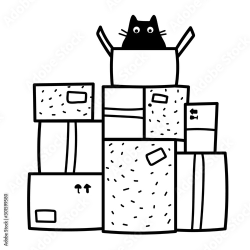 Cartoon Vector Illustration Drawing Of A Domestic Funny Black Cat Sitting On Top Of Pile Of Boxes And Packages