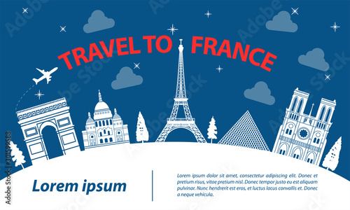 France top famous landmark silhouette style on part of white curve travel and tourism,vector illustration