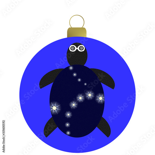 Weihnachtskugel blau, Schildrötenmotiv mit Sternen
