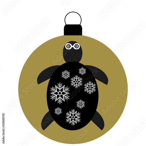 Goldene Weihnachtskugel, Schildrötenmotiv mit Schneeflocken