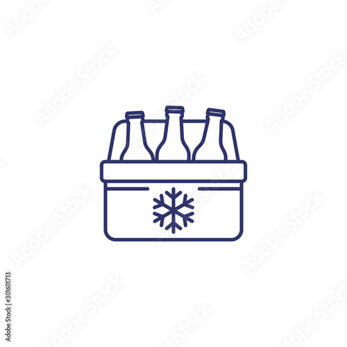 Portable cooler with beer, vector line icon