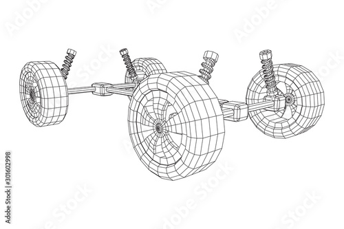 Chassis steering rack. Wireframe low poly mesh vector illustration. Auto service repair car concept.