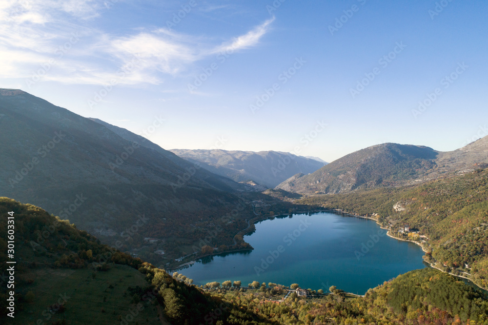 Aerial view of the wonderful heart-shaped Lake Scanno. a beautiful landscape seen by the drone