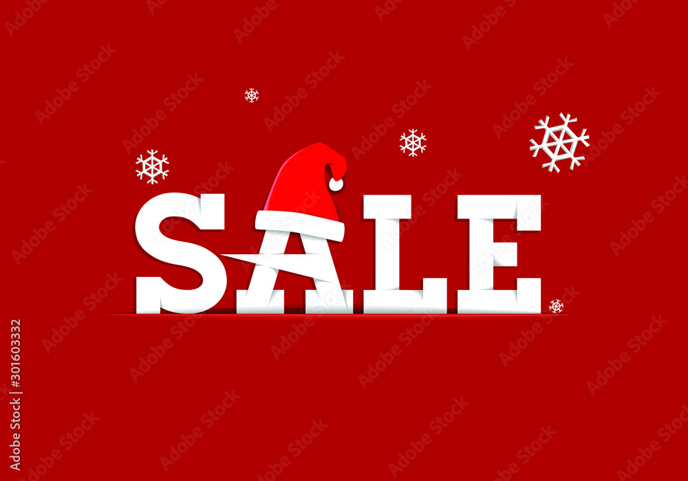 Christmas December Sale Poster with Santa's Hat and Snowflake paper style vector illustration Christmas December Sale Poster with Santa's Hat and Snowflake paper style vector illustration