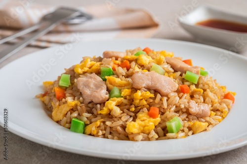 Fried rice chicken with egg and vegetables on white plate.