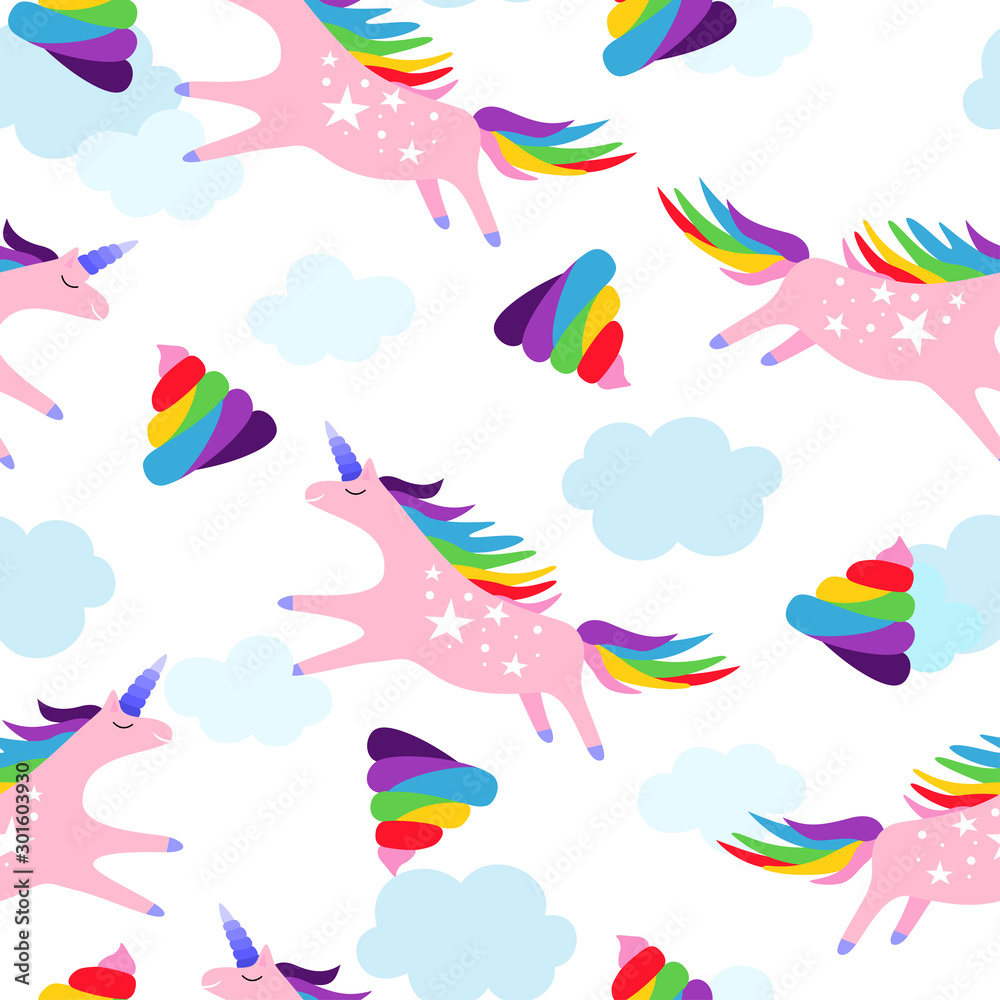 Unicorns  vector pattern. Turd unicorn seamless pattern. Shit color ornament rainbow. Magic turd ornament. Rainbow fable poop