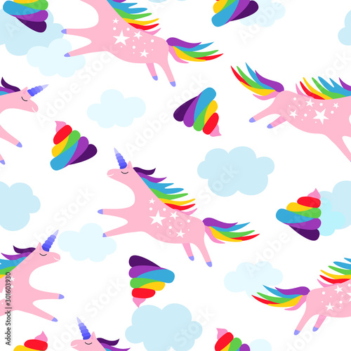 Unicorns vector pattern. Turd unicorn seamless pattern. Shit color ornament rainbow. Magic turd ornament. Rainbow fable poop