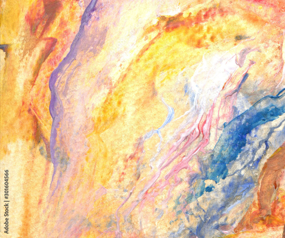 Abstract background of bright colors blue, red, yellow tones, splashes, brush strokes, splashes, acrylic paints. Watercolor hand drawn illustration. 