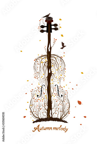 Autumn tree silhouette looks like violin growing on soil and birds flying away, Autumn melody concept, Autumn music idea,