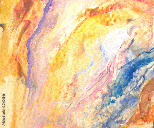 Abstract background of bright colors blue, red, yellow tones, splashes, brush strokes, splashes, acrylic paints. Watercolor hand drawn illustration. 