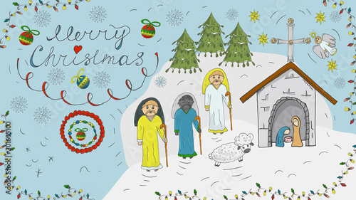 Orthodox contour color banner in Christmas design in the style of childrens scribbles three wise men coming to the stable where Jesus was born the background is isolated