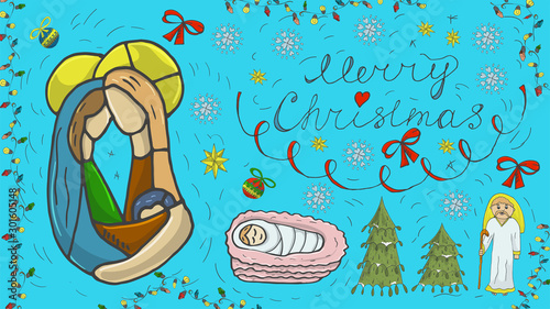 Orthodox outline color banner for Christmas for design decoration in the style of childrens Doodle Joseph and Mary Jesus in the crib Magus snowflakes toys caligraphic inscription