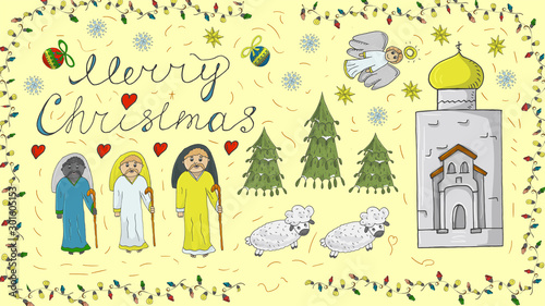 Orthodox outline color banner for Christmas for design decoration in the style of childrens Doodle Magi go to the temple sheep run snowflakes toys calligraphic inscription