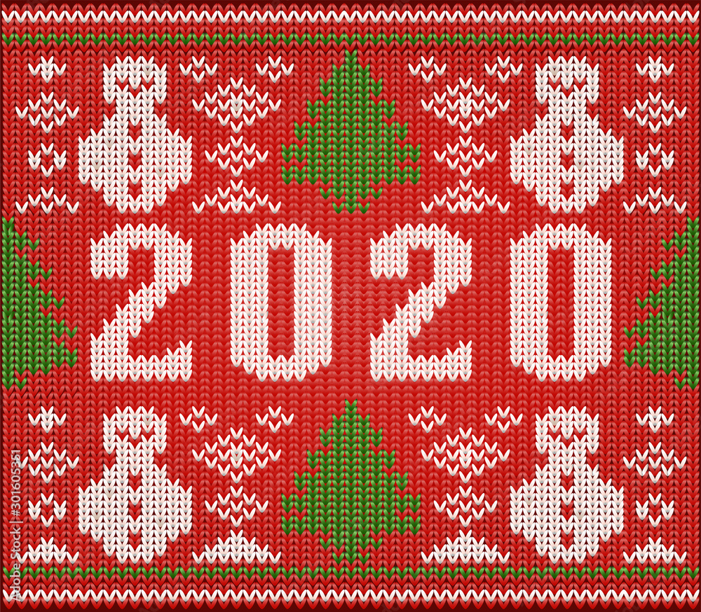 New 2020 year knitted card with xmas tree and snowman, vector illustration New 2020 year knitted card with xmas tree and snowman, vector illustration