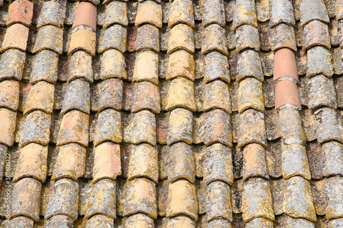 A fragment of an old tiled roof covered with mold and traces of time. Aged shingles. Background. Pattern. Terracotta. Gray. Ocher. © DOF