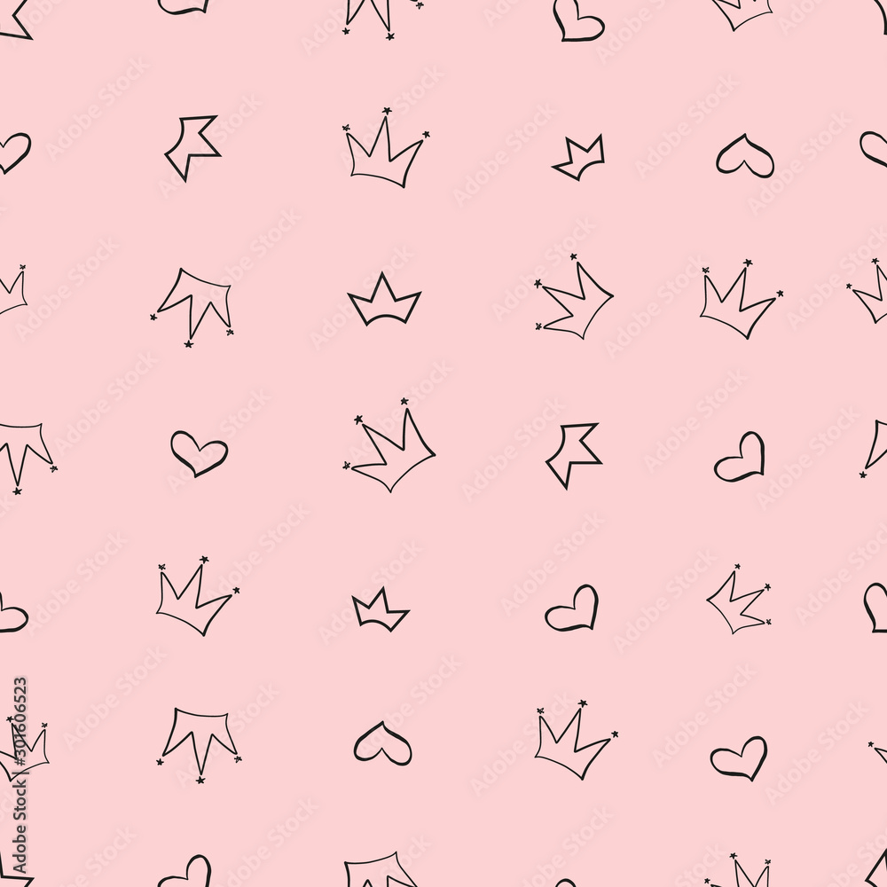 Hand drawn doodle heart and crown seamless for girl, woman illustration pattern for fabric design Hand drawn doodle heart and crown seamless for girl, woman illustration pattern for fabric design