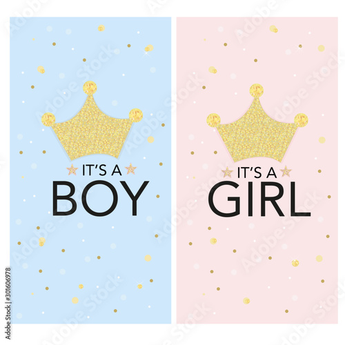 Baby gender reveal. It's a girl. It's a boy. Gold glitter crown with confetti. Baby shower invitation, greeting for fabric design