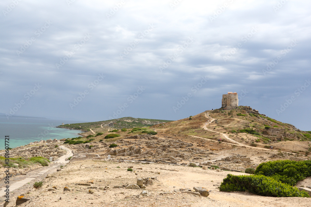 Cabras, Italy - 4 July 2011: the archaeological site of Tharros in the province of Oristano