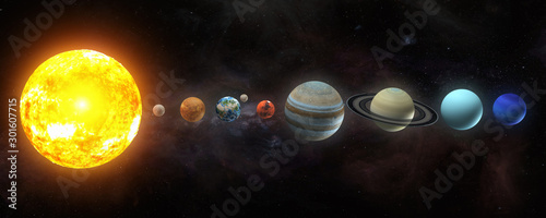Solar system planets set. The Sun and planets in a row on universe stars background.Elements of this image furnished by NASA. © Maksym Yemelyanov