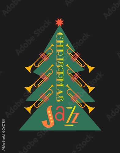 Photography Christmass jazz trumpets tree flat color vector