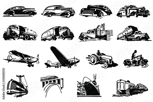 Group of antique transportation icons or pictograms in a row