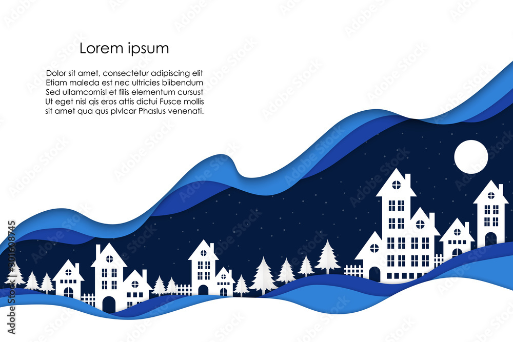Paper art style. Hill houses landscape at night. blue background