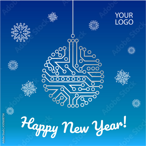 Chip circuit new year card template with ball and snowflakes. Vector greeting card concept for IT technologies, technical , electronic, digital, system integration companies.