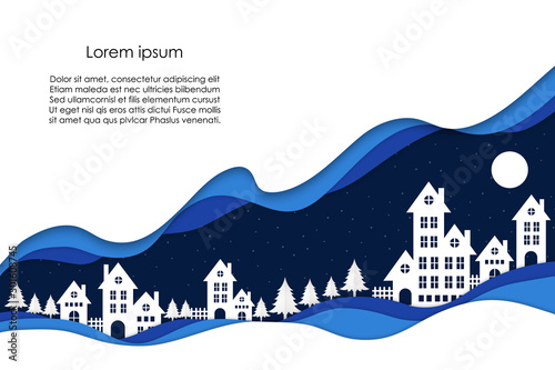 Paper art style. Hill houses landscape at night. blue background