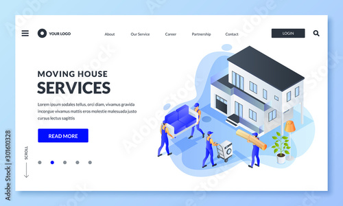Moving service banner. Workers carry furniture and household appliances to house. Vector 3d isometric illustration