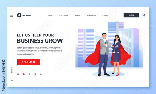 Businessman and businesswoman in red superhero cloaks. Vector illustration for web landing page, banner, poster design