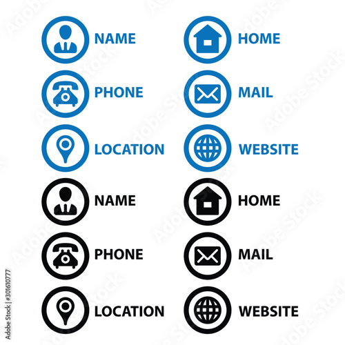 Icons Business Card. Vector Editable stroke Line bule color symbols set with meaning.