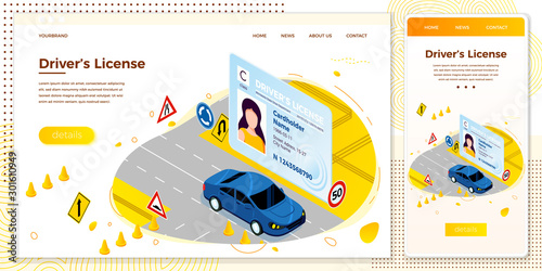 Vector Drivers license, car riding on a road