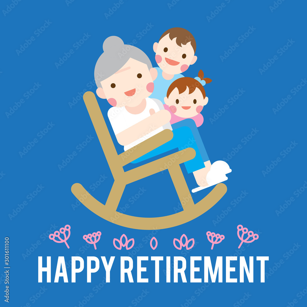 Happy retirement vector illustration. A grandmother sitting on rocking chair with boy and girl. Flat design. Happy retirement vector illustration. A grandmother sitting on rocking chair with boy and girl. Flat design.
