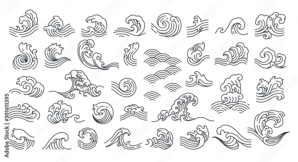 Set of oriental wave vector illustration. Japan wave. Linear style. 
